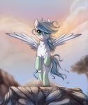  2012 blue_hair day detailed_background equine eyelashes fan_character feathered_wings feathers female feral green_eyes hair hooves looking_at_viewer mammal my_little_pony nude outside pegasus rock ruhje smile solo spread_wings white_feathers wings 