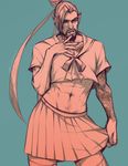  abs arm_tattoo bad_id bad_tumblr_id beard bow cowboy_shot crossdressing executioner_(alextau666) facial_hair finger_to_mouth groin hand_on_own_chest hanzo_(overwatch) highres male_focus midriff overwatch school_uniform skirt skirt_grab solo tattoo thighhighs zettai_ryouiki 