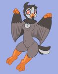  2016 anthro anthrofied avian beak bird blue_background breasts claws erect_nipples feathered_wings feathers female fur grey_fur head_tuft looking_at_viewer navel nintendo nipples nude pok&eacute;mon posexe pussy red_eyes simple_background solo starly toe_claws toes tuft video_games wide_hips wings 