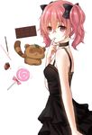  akano_sakura black_dress black_ribbon bow candy chocolate collar dress eyebrows eyebrows_visible_through_hair finger_to_mouth food hair_bow hair_ribbon inu_x_boku_ss pink_hair ribbon roromiya_karuta simple_background twintails watanuki_banri white_background 