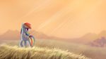  16:9 cutie_mark day detailed_background equine feathered_wings feathers female feral friendship_is_magic grass hair hooves mammal multicolored_hair my_little_pony outside pegasus pink_eyes rainbow_dash_(mlp) rainbow_hair ruhje smile solo standing wallpaper wings 
