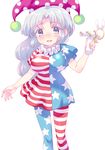  absurdres american_flag_dress american_flag_legwear amo blue_eyes blush clownpiece clownpiece_(cosplay) cosplay cowboy_shot hat highres jester_cap long_hair lunatic_gun open_mouth pantyhose polka_dot silver_hair simple_background solo striped striped_legwear sweat touhou white_background yagokoro_eirin 