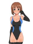  1girl blush breasts brown_eyes brown_hair girls_und_panzer highleg highleg_swimsuit kagemusha large_breasts nishizumi_miho one-piece_swimsuit solo swimsuit 