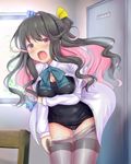  black_hair blue_neckwear blue_ribbon blush bow breast_hold breasts chair cleavage curtains em_s fang hair_bow hair_ribbon highres kantai_collection locker locker_room long_hair long_sleeves looking_at_viewer medium_breasts multicolored_hair naganami_(kantai_collection) neck_ribbon open_clothes open_mouth open_shirt pantyhose pantyhose_pull pink_hair purple_legwear ribbon school_swimsuit school_uniform shirt solo surprised swimsuit swimsuit_under_clothes thighband_pantyhose undressing white_shirt window yellow_bow yellow_eyes 