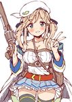  beret between_breasts blonde_hair blue_eyes blush breasts commentary_request cucouroux_(granblue_fantasy) granblue_fantasy gun hair_ribbon handgun hat long_hair mamedenkyuu_(berun) medium_breasts revolver ribbon skirt smile solo strap_cleavage thighhighs twintails v weapon zettai_ryouiki 