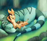  2016 absurd_res alpha_channel anidra armpits claws darkmirage day detailed_background digital_media_(artwork) duo estra eyes_closed female feral forest grass hi_res horn kobold lizard lying male male/female monitor_lizard outside relaxing reptile resting rock scalie sleeping smile toe_claws toes tree 