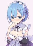  blue_eyes blue_hair blush breasts cleavage dress dress_lift hair_between_eyes hair_ornament hair_ribbon maid maid_headdress medium_breasts pink_background purple_ribbon re:zero_kara_hajimeru_isekai_seikatsu rem_(re:zero) ribbon short_hair simple_background solo tam-u tears x_hair_ornament 