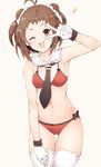  ;d beige_background bikini brown_eyes brown_hair commentary cowboy_shot detached_collar double_bun gloves hand_on_own_thigh highres kantai_collection looking_at_viewer naka_(kantai_collection) navel one_eye_closed open_mouth red_bikini remodel_(kantai_collection) sailor_collar simple_background smile solo sumisu_(mondo) swimsuit thigh_gap thighhighs two_side_up v v_over_eye white_gloves white_legwear 