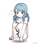  barefoot blue_eyes blue_hair blush collarbone fairy_tail full_body heart heart-shaped_pupils juvia_lockser knees_to_chest long_hair nail_polish naked_shirt ng_(kimjae737) pale_skin shirt simple_background sitting smile solo sparkle symbol-shaped_pupils toenail_polish translated twitter_username white_background 