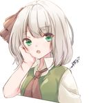  2016 artist_name bangs black_neckwear breasts chestnut_mouth collared_shirt dated eyebrows eyebrows_visible_through_hair eyes_visible_through_hair green_eyes green_vest hairband hand_on_own_cheek konpaku_youmu looking_at_viewer necktie open_collar open_mouth round_teeth shirt short_hair silver_hair simple_background small_breasts solo teeth touhou upper_body varyu vest white_background white_shirt 