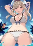  ass_visible_through_thighs ball beachball bikini blonde_hair blue_eyes cameltoe commentary_request cucouroux_(granblue_fantasy) from_below granblue_fantasy hair_ribbon highres long_hair looking_at_viewer navel nuko_(mikupantu) open_mouth ribbon swimsuit twintails vee_(granblue_fantasy) wading water 