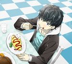  arizuka_(catacombe) black_hair blue_eyes chair checkered checkered_floor cup drinking_glass eating floor food food_on_face from_above hood hood_down hoodie jacket ketchup male_focus omurice open_clothes open_jacket original plate protected_link red_mask_(arizuka) solo table turkey_(food) 