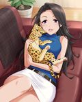  1girl animal bare_shoulders belt black_hair breasts idolmaster idolmaster_cinderella_girls large_breasts leopard lips long_hair lying official_art parted_lips partially_visible_vulva pencil_skirt plant purple_eyes pussy skirt solo star takahashi_reiko uncensored very_long_hair white_skirt 