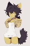  10r 1girl black_hair cleavage female finger_to_mouth furry original sleeves_past_wrists solo tail 