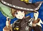  blue_eyes blush brown_hair gran_(granblue_fantasy) granblue_fantasy grin hat kyouna looking_at_viewer male_focus sky smile solo star_(sky) starry_sky upper_body warlock_(granblue_fantasy) witch_hat 