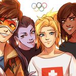  4girls alternate_eye_color black_hair blonde_hair blue_eyes brown_eyes brown_hair casual dark_skin goggles group_picture hair_pulled_back long_hair mercy_(overwatch) multiple_girls nox_(pepperoni) olympic_rings olympics overwatch pharah_(overwatch) ponytail purple_skin red_eyes smile spiked_hair switzerland tracer_(overwatch) widowmaker_(overwatch) 