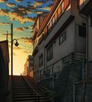 building condensation_trail grass highres lamppost mizuasagi no_humans original outdoors pipes plant potted_plant power_lines railing scenery stairs sunset 
