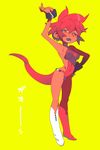  10r 1girl boots female monster_girl open_mouth red_hair red_skin short_hair simple_background solo tail yellow_background 
