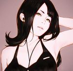  arm_up armpits asymmetrical_bangs bangs bare_shoulders black_hair expressionless green_eyes guweiz hand_in_hair ilya_kuvshinov_(style) looking_at_viewer original parted_lips solo upper_body 