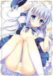  blue_eyes blue_hat bow bowtie breasts commentary_request eyebrows eyebrows_visible_through_hair gochuumon_wa_usagi_desu_ka? hat hat_removed headwear_removed kafuu_chino long_hair looking_at_viewer lying nipples on_back panties pantyshot school_uniform silver_hair small_breasts solo striped striped_bow striped_neckwear tanoma_suzume underwear white_legwear wristband yellow_panties 
