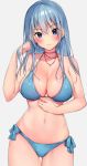  1girl bikini blue_bikini blue_eyes blue_hair blush breasts choker cleavage closed_mouth cowboy_shot eyebrows_visible_through_hair gluteal_fold grey_background halterneck hand_up head_tilt jewelry large_breasts long_hair looking_at_viewer matarou_(genkai_toppa) navel necklace original ribbon_choker side-tie_bikini simple_background smile solo swimsuit 