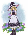  apron arms_behind_back black_footwear black_hat black_skirt black_vest blonde_hair blue_background blue_bow blue_neckwear boots bow bowtie braid flower full_body hair_ribbon hat hat_bow hydrangea kirisame_marisa natsume_(menthol) petticoat puffy_short_sleeves puffy_sleeves purple_flower rain ribbon rubber_boots short_sleeves single_braid skirt solo standing touhou tress_ribbon vest waist_apron white_apron white_bow witch_hat yellow_eyes 