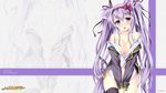  1girl animal_ears blush breasts cat_ears cleavage female fox hair_bow hair_ribbons headband highres long_hair looking_at_viewer navel no_bra nopan open_mouth open_shirt purple_eyes purple_hair ribbons solo tateha_(artist) twintails 