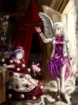  amibazh angel arm_up bangs bed blue_eyes blue_hair book boots bow bowtie candle candlestand canopy_bed cloud collared_shirt column curtains door doremy_sweet dress dress_shirt feathered_wings fine_art_parody flower flower_pot full_body hat indoors jacket kishin_sagume long_sleeves multiple_girls parody pillar purple_dress purple_shirt red_bow red_eyes red_neckwear shirt single_wing standing the_annunciation touhou vase white_hair white_jacket white_wings wings 