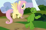  crossover cutie_mark duo featureless_crotch fluttershy_(mlp) franklin_turtle friendship_is_magic green_skin hair my_little_pony nude outside pink_hair porygon2z reptile scalie shadow shell-less slightly_chubby turtle 