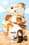  4boys bb-8 black_hair brown_hair character_doll chibi cloud darth_vader day desert doll finn_(star_wars) frown headwear_removed helmet helmet_removed kataro kneeling kylo_ren multiple_boys open_mouth poe_dameron rey_(star_wars) robot sad short_hair smile staff star_wars star_wars:_the_force_awakens stormtrooper sun very_short_hair 