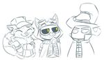 2015 big_eyes big_head big_tail black_and_white black_sclera cape clothing cute digital_drawing_(artwork) digital_media_(artwork) eyebrows eyes_closed eyewear fluffy fluffy_tail goggles group hat hidden_face hood league_of_legends long_tail magic_user male male/male mask monochrome no_pupils riot_games robes scar simple_background spot_color square_crossover standing sweat teemo toony veigar veigar-chan vest video_games white_background wizard_hat yellow_eyes 