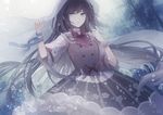  angel31424 arm_ribbon artist_name blue_eyes blue_ribbon dress floral_print head_tilt long_hair looking_up original outdoors parted_lips rain ribbon solo tree veil very_long_hair wrist_cuffs 