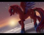  black_bars blue_eyes day equine fan_character feathers female feral fur hair hooves mammal my_little_pony outside pegasus purple_feathers red_fur red_hair ruhje snow snowing solo wings 