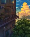  building cloud condensation_trail day door highres mizuasagi no_humans original outdoors plant potted_plant railing scenery sky tree vines wind_chime window 