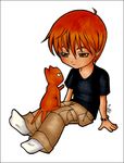  1boy bracelet cat chibi dual_persona fruits_basket male_focus orange_hair sitting socks solo souma_kyou t-shirt 