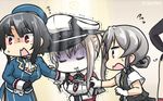 animalization beret black_gloves black_hair blonde_hair capelet celtic_knot commentary dated flying_sweatdrops giving_up_the_ghost gloves graf_zeppelin_(kantai_collection) hamu_koutarou hat highres iron_cross kantai_collection military military_uniform multiple_girls nowaki_(kantai_collection) peaked_cap red_eyes seal shimakaze_(kantai_collection) shimakaze_(seal) short_hair silver_hair sweatdrop takao_(kantai_collection) trembling turn_pale uniform vest white_gloves 