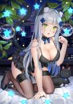  1girl all_fours animal_ears bangs bare_shoulders black_dress black_footwear black_legwear blunt_bangs blush breasts cat cat_ears cat_girl cat_tail choker cityscape cleavage collarbone dress eyebrows_visible_through_hair facial_mark fishnet_legwear fishnets garter_straps girls_frontline green_eyes hair_ornament high_heels hk416_(girls_frontline) indoors long_hair looking_at_viewer mamemena neck_bell night on_bed open_mouth paw_pose sidelocks silver_hair solo star tail teardrop thighhighs very_long_hair wind_chime window 