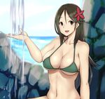  :d amagi_(kantai_collection) arm_at_side arm_support bikini blurry breasts brown_eyes brown_hair cleavage collarbone day depth_of_field green_bikini hair_between_eyes hayabusa kantai_collection large_breasts long_hair looking_at_viewer mole mole_under_eye open_mouth outdoors ponytail sitting sky smile solo stomach stone_wall swimsuit underboob upper_body wall 