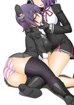  black_footwear black_gloves black_legwear boots breasts checkered checkered_neckwear commentary_request eyepatch gloves hand_on_another's_shoulder headgear kantai_collection knee_boots kogaku_kazuya large_breasts long_sleeves multiple_girls necktie open_mouth panties pleated_skirt purple_hair school_uniform short_hair skirt striped striped_panties tatsuta_(kantai_collection) tenryuu_(kantai_collection) thighhighs underwear yellow_eyes 
