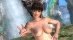  1girl 3d absurdres blue_eyes breasts brown_hair dead_or_alive dead_or_alive_5 erect_nipples female headband hitomi_(doa) large_breasts looking_at_viewer nature nipples nude nude_mod outdoors outside plant ponytail sky smile solo sweat topless upper_body wet 