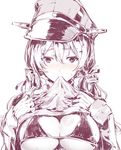  anchor_hair_ornament bikini_top blue_eyes blush breast_suppress breasts commentary eyebrows eyebrows_visible_through_hair gloves hair_between_eyes hair_ornament hat kantai_collection large_breasts long_hair looking_at_viewer low_twintails monochrome mouth_hold peaked_cap prinz_eugen_(kantai_collection) shirt_lift solo spot_color sumisu_(mondo) sweatdrop twintails 