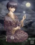  1boy barefoot dandelion flower fruits_basket full_moon grey_hair japanese_clothes kneeling male_focus moon night sitting solo souma_yuki 
