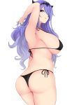  1girl absurdres alternate_costume armpits arms_up ass bangs bikini blush breasts camilla_(fire_emblem_if) commentary_request erimiko eyebrows_visible_through_hair fire_emblem fire_emblem_if hair_between_eyes hair_ornament hair_over_one_eye highres large_breasts long_hair looking_at_viewer nintendo plump purple_eyes purple_hair side-tie_bikini sideboob simple_background smile solo standing sweat swimsuit thighs wavy_hair white_background 