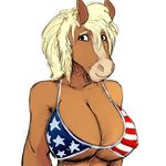  anthro big_breasts bikini blonde_hair breasts cleavage clothed clothing equine female hair hladilnik horse huge_breasts mammal smile solo stars_and_stripes swimsuit united_states_of_america 