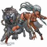  ankle_wrap ass barefoot bent_over bikini blue_eyes breasts chain chronos_gate cleavage collar dagger danann dark_skin fangs fingernails jewelry leg_warmers long_fingernails long_hair looking_to_the_side medium_breasts necklace parted_lips pointy_ears spread_legs swimsuit tattoo thigh_strap tribal weapon wolf yellow_skin 
