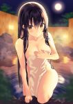  1girl bangs black_hair blue_ribbon blurry blurry_background braid breasts brown_eyes closed_mouth collarbone full_moon hair_between_eyes hair_ribbon holding holding_towel large_breasts long_hair looking_at_viewer moon naked_towel night onsen original outdoors ribbon side_braid sidelocks solo steam toujou_mina towel very_long_hair wet 