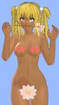  1girl 3d background blonde_hair blue breasts censored cleavage female fingernails flower long_hair looking_at_viewer mikumikudance mouth navel nude open_mouth original pigtails ponytail purple_eyes simple_background solo standing surprised tan thighs tied_hair 