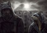  anthro black_hair black_nose blonde_hair blue_eyes brown_eyes canine clothed clothing day duo female hair inner_ear_fluff koul male mammal outside overcast standing wolf 