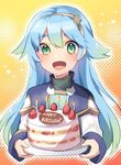  birthday birthday_cake blue_hair blush cake candle commentary_request eve_ainsworth food fruit gradient green_eyes green_hair hairband happy_birthday long_hair mizuki_eiru_(akagi_kurage) open_mouth pop-up_story school_uniform smile solo strawberry 