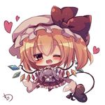  ;d blonde_hair blush chibi fang flandre_scarlet hat heart laevatein_(tail) muuran one_eye_closed open_mouth red_eyes short_hair side_ponytail signature simple_background sketch smile solo tail touhou white_background wings 
